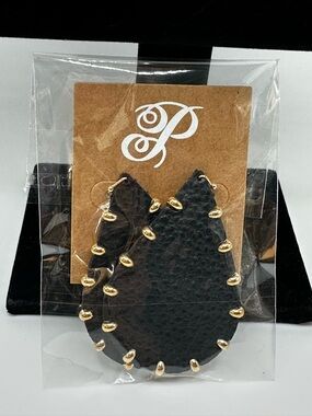 Black Teardrop Leather Earrings with Gold Accents